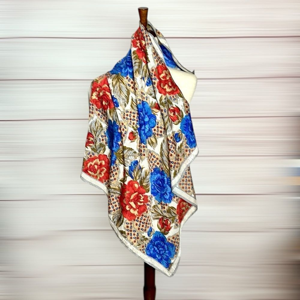 Albert Nipon for XIIX KARAT Silk Scarf Blue Magenta Tan Floral Roses Vintage